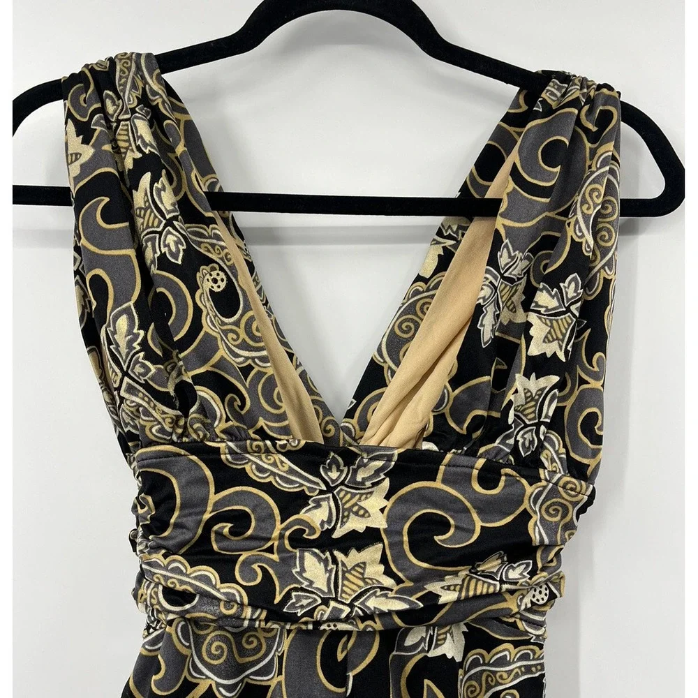 Vintage Catalina One Piece Bathing Suit Black Gold Ruched Lined Size 8 USA Made